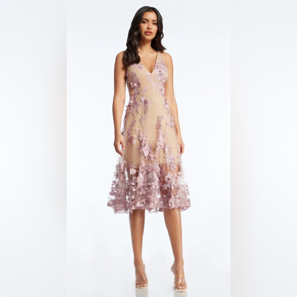 Dress The Population XL Audrey Lilac Nude 3D Floral Lace Midi Dress Elegant